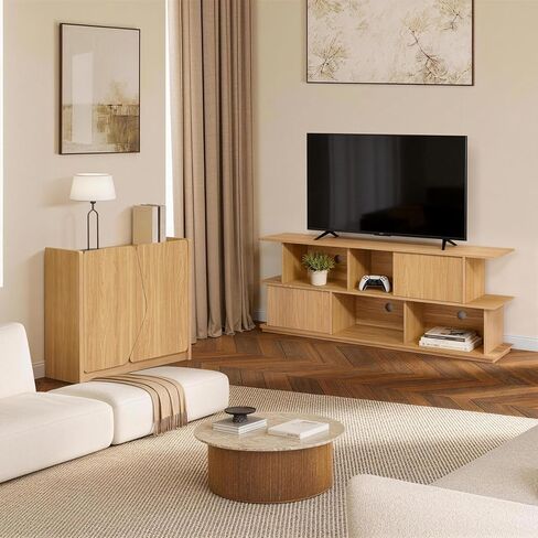 حامل تلفزيون LuxenHome مقاس 71 بوصة من خشب البلوط لغرفة المعيشة، ومركز ترفيه متعدد الوظائف مع مساحة تخزين، وخزانة وحدة تحكم الوسائط الخشبية مع إدارة الكابلات in Kuwait