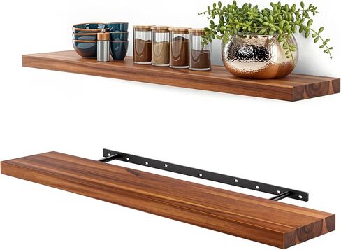 BATODA Set of 2 17" Acacia Wood Floating Shelves Wall Mounted – Rustic Farmhouse Wooden Wall Storage Shelf for Bedroom, Kitchen, Home Décor - Brackets and Shelving Mounting Hardware Included in Saudi Arabia