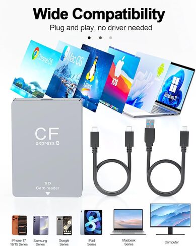 قارئ بطاقات ذاكرة CFexpress Type B SD بسرعة 10 جيجابت في الثانية للمصورين، محول USB 3.2 Gen 2 Type B CF Express مع كابل USB C إلى USB C/A، متوافق مع Windows/Mac/Linux/Android in Kuwait