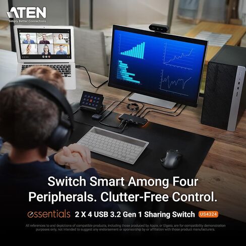 ATEN Essentials US4324 2 x 4 USB 3.2 Gen 1 Sharing Switch, Share 4 USB Peripherals Between Two Computers, 5 Gbps, Quick Switch, Compact, Remote Port Selector, Windows, macOS, MacBook, PC, Plug & Play in Kuwait
