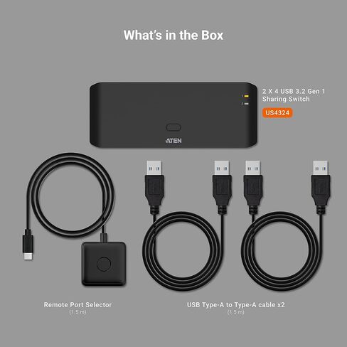 ATEN Essentials US4324 2 x 4 USB 3.2 Gen 1 Sharing Switch, Share 4 USB Peripherals Between Two Computers, 5 Gbps, Quick Switch, Compact, Remote Port Selector, Windows, macOS, MacBook, PC, Plug & Play in Kuwait