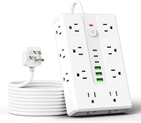 Surge Protector Power Strip 6.56 FT Flat Plug, 1250W/10A, 16 Multiple AC Outlets with 3 USB-A 3 USB C, One Touch Switch Button,Perfect for Home, Office, or Travel Use. White in Kuwait