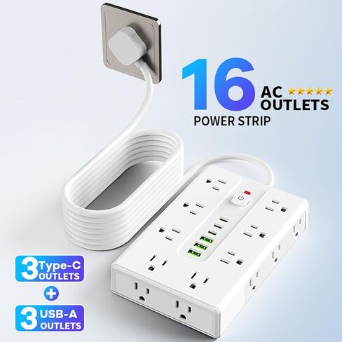 Surge Protector Power Strip 6.56 FT Flat Plug, 1250W/10A, 16 Multiple AC Outlets with 3 USB-A 3 USB C, One Touch Switch Button,Perfect for Home, Office, or Travel Use. White in Kuwait