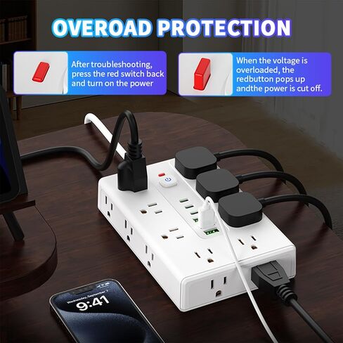 Surge Protector Power Strip 6.56 FT Flat Plug, 1250W/10A, 16 Multiple AC Outlets with 3 USB-A 3 USB C, One Touch Switch Button,Perfect for Home, Office, or Travel Use. White in Kuwait