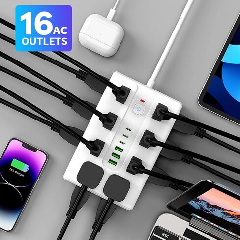 Surge Protector Power Strip 6.56 FT Flat Plug, 1250W/10A, 16 Multiple AC Outlets with 3 USB-A 3 USB C, One Touch Switch Button,Perfect for Home, Office, or Travel Use. White in Kuwait