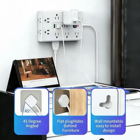 Surge Protector Power Strip 6.56 FT Flat Plug, 1250W/10A, 16 Multiple AC Outlets with 3 USB-A 3 USB C, One Touch Switch Button,Perfect for Home, Office, or Travel Use. White in Kuwait