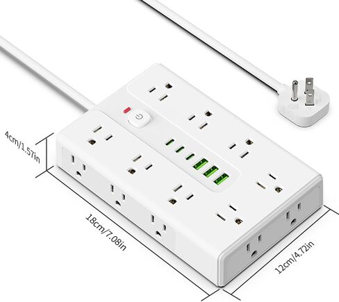 Surge Protector Power Strip 6.56 FT Flat Plug, 1250W/10A, 16 Multiple AC Outlets with 3 USB-A 3 USB C, One Touch Switch Button,Perfect for Home, Office, or Travel Use. White in Kuwait