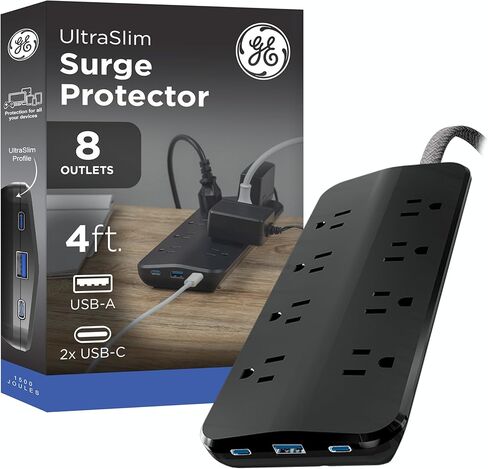 GE Surge Protector، 8 منافذ أرضية، 1 USB-A، 2 USB-C، 15 واط مشترك، 1500J، مؤشر ضوئي، سلك مجدول، 4 قدم، أسود - 86725 in Kuwait