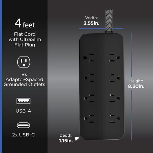 GE Surge Protector، 8 منافذ أرضية، 1 USB-A، 2 USB-C، 15 واط مشترك، 1500J، مؤشر ضوئي، سلك مجدول، 4 قدم، أسود - 86725 in Kuwait