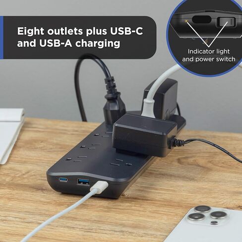 GE Surge Protector، 8 منافذ أرضية، 1 USB-A، 2 USB-C، 15 واط مشترك، 1500J، مؤشر ضوئي، سلك مجدول، 4 قدم، أسود - 86725 in Kuwait