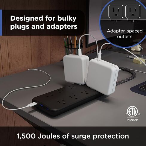 GE Surge Protector، 8 منافذ أرضية، 1 USB-A، 2 USB-C، 15 واط مشترك، 1500J، مؤشر ضوئي، سلك مجدول، 4 قدم، أسود - 86725 in Kuwait