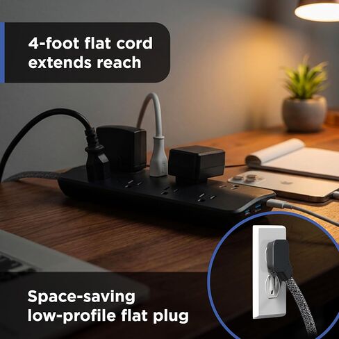 GE Surge Protector، 8 منافذ أرضية، 1 USB-A، 2 USB-C، 15 واط مشترك، 1500J، مؤشر ضوئي، سلك مجدول، 4 قدم، أسود - 86725 in Kuwait
