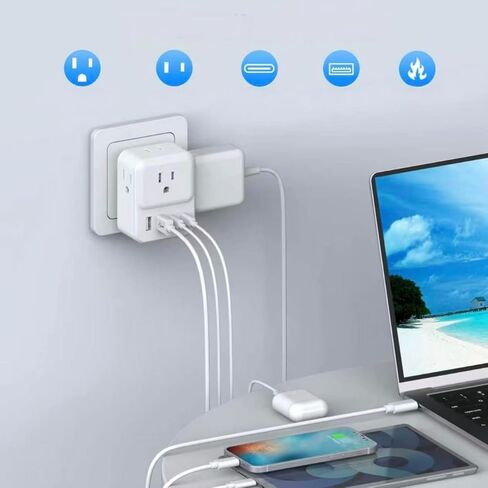 قطعة واحدة من موسع منفذ الحائط الواقي من زيادة التيار، 4 منافذ توصيل مع 4 منافذ USB (2 USB C)، مقبس حائط متعدد التوصيل للمنزل والمكتب والمدرسة وأساسيات السكن الجامعي، أبيض in Kuwait