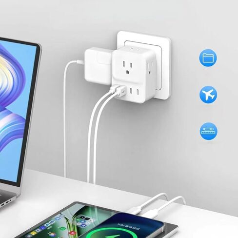قطعة واحدة من موسع منفذ الحائط الواقي من زيادة التيار، 4 منافذ توصيل مع 4 منافذ USB (2 USB C)، مقبس حائط متعدد التوصيل للمنزل والمكتب والمدرسة وأساسيات السكن الجامعي، أبيض in Kuwait