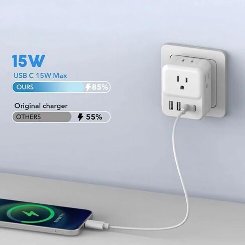 قطعة واحدة من موسع منفذ الحائط الواقي من زيادة التيار، 4 منافذ توصيل مع 4 منافذ USB (2 USB C)، مقبس حائط متعدد التوصيل للمنزل والمكتب والمدرسة وأساسيات السكن الجامعي، أبيض in Kuwait