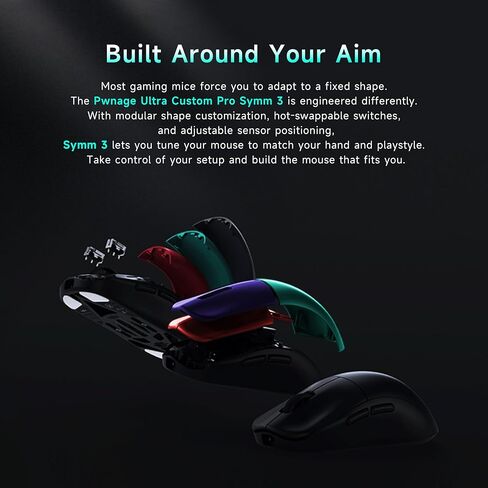 PWNAGE Ultra Custom Pro Symm 3 Wireless Gaming Mouse - Adjustable Sensor Position, Hot-Swappable Mechanical & Optical Switches, Modular Shape System, 8K Polling, 50g Ultralight - Black in Kuwait