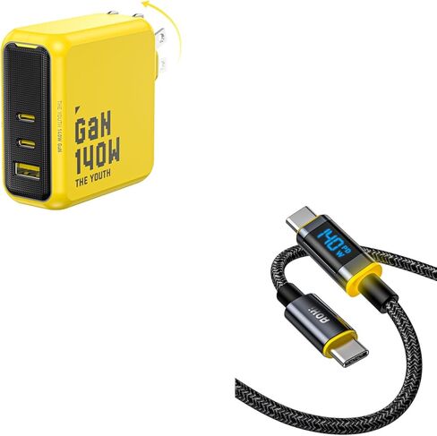 AOHI Youth 140W GaN+ شاحن 100W شاحن سريع للكمبيوتر المحمول + 140W USB C إلى USB C كابل مع شاشة، نايلون 4 أقدام in Kuwait