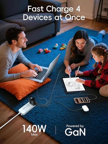 كتلة شاحن USB C بقدرة 140 وات مع شاشة ذكية، ومحول طاقة شاحن سريع للكمبيوتر المحمول بـ 4 منافذ GaN، وأدوات تحكم باللمس لأجهزة MacBook وiPad وiPhone 17/16 Series والمزيد (بدون سلك) in Kuwait