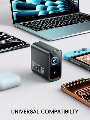 كتلة شاحن USB C بقدرة 140 وات مع شاشة ذكية، ومحول طاقة شاحن سريع للكمبيوتر المحمول بـ 4 منافذ GaN، وأدوات تحكم باللمس لأجهزة MacBook وiPad وiPhone 17/16 Series والمزيد (بدون سلك) in Kuwait