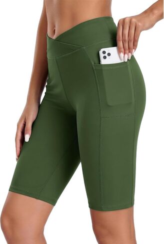 Bermuda Long Shorts for Women 11" Knee Length V Crossover High Waisted Athletic Shorts with Pockets Workout Golf Yoga in Saudi Arabia
