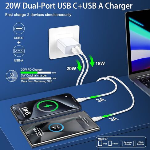 لفون 17e شاحن كتلة، 20W سريع فون 17 برو ماكس سلك شاحن 60W 6FT USB C إلى USB C كابل لفون 17 برو الهواء 16 برو ماكس 16 زائد 16Pro 15Pro ماكس، 2 منفذ نوع C + قابس جدار شحن سريع in Kuwait