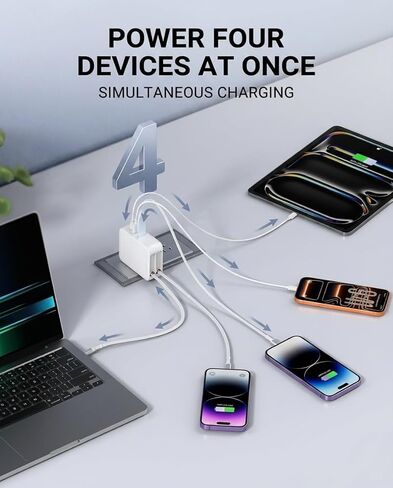 2026 شاحن حائط قابل للسحب بقدرة 65 وات، كتلة شاحن هاتف 4 في 1 قابلة للطي مع كابلات Lightning+TypeC بطول 2.6 قدم، قابس من الطوب لأساسيات السفر متعدد المنافذ لجهاز Mac Book Pro/Air، iPhone 17، iPad، Galaxy in Kuwait
