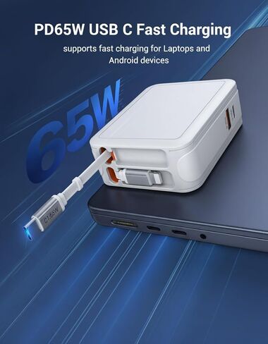 2026 شاحن حائط قابل للسحب بقدرة 65 وات، كتلة شاحن هاتف 4 في 1 قابلة للطي مع كابلات Lightning+TypeC بطول 2.6 قدم، قابس من الطوب لأساسيات السفر متعدد المنافذ لجهاز Mac Book Pro/Air، iPhone 17، iPad، Galaxy in Kuwait