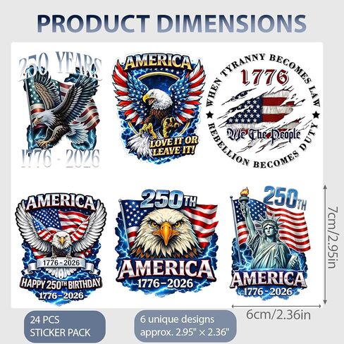 18 Pcs USA 250th Anniversary Stickers, Waterproof Vinyl Decals, 1776 2026 Eagle and Statue of Liberty Designs, Car Window Laptop Water Bottle, Gifts for Adults Teens in Kuwait