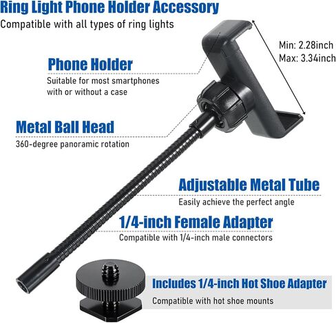 Universal Phone Holder for Ring Light, Ring Light Phone Holder 1/4" and Hot Shoe Adapter Flexible Phones Mount for Rings Lighting and Tripod in Kuwait