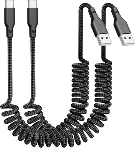 USB A to USB C Coiled CarPlay Cable [2-Pack, 3ft], Auto Coiled Retractable iPhone Car Cord Retractable Fast Charge Cord for Car, Compatible with iPhone 17/16/15 Plus/Pro/Pro Max/Samsung Galaxy S23 in Kuwait
