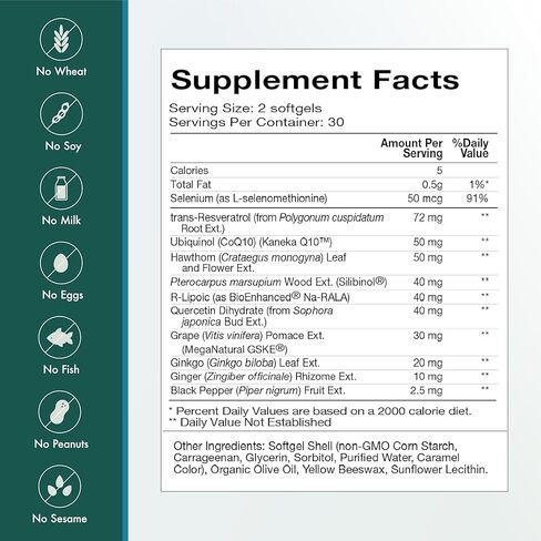 منتجات ناتورا الصحية - CV-Res-Q ريسفيراترول المضاد للأكسدة ومكمل للقلب والأوعية الدموية - مع كيرسيتين، ومرافق الإنزيم Q10، والبيوبيرين، والريسفيراترول - 60 كبسولة هلامية in Kuwait