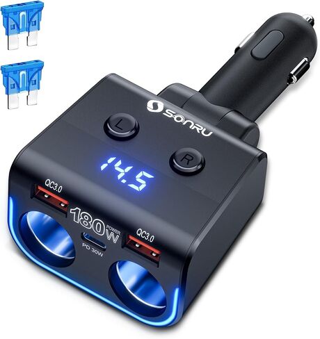 SONRU 180W Cigarette Lighter Splitter, 30W PD & Dual QC3.0 Car Charger Adapter,24V/12V Car USB Adapter 2-Socket with Voltmeter Fast Charging for iPhone 17/16/15 Car Devices in Kuwait