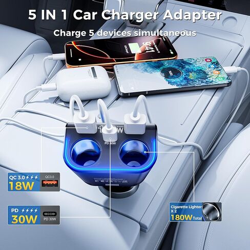 SONRU 180W Cigarette Lighter Splitter, 30W PD & Dual QC3.0 Car Charger Adapter,24V/12V Car USB Adapter 2-Socket with Voltmeter Fast Charging for iPhone 17/16/15 Car Devices in Kuwait