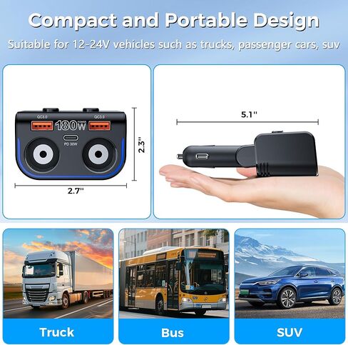 SONRU 180W Cigarette Lighter Splitter, 30W PD & Dual QC3.0 Car Charger Adapter,24V/12V Car USB Adapter 2-Socket with Voltmeter Fast Charging for iPhone 17/16/15 Car Devices in Kuwait
