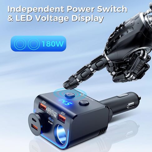 SONRU 180W Cigarette Lighter Splitter, 30W PD & Dual QC3.0 Car Charger Adapter,24V/12V Car USB Adapter 2-Socket with Voltmeter Fast Charging for iPhone 17/16/15 Car Devices in Kuwait