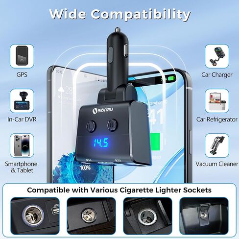 SONRU 180W Cigarette Lighter Splitter, 30W PD & Dual QC3.0 Car Charger Adapter,24V/12V Car USB Adapter 2-Socket with Voltmeter Fast Charging for iPhone 17/16/15 Car Devices in Kuwait