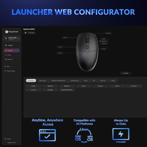 ماوس Keychron BM22 اللاسلكي 2.4 جيجا هرتز، يدعم المشغل مستشعر PAW3212 76 جرام، تصميم مريح خفيف الوزن، معدل اقتراع 2400 نقطة في البوصة 1000 هرتز متوافق مع نظام التشغيل Mac Windows Linux in Kuwait