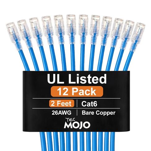 كابل إيثرنت Cat6 بطول 2 قدم من Tecmojo UL، موصلات نحاسية نقية 26AWG بنسبة 100%، كابل شبكة Cat6، Snagless RJ45 لجهاز التوجيه والمودم وXbox والكمبيوتر المحمول والخوادم، 12 حزمة، أزرق in Kuwait