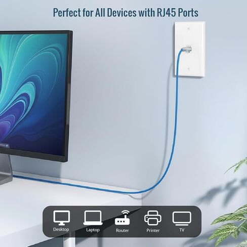 كابل إيثرنت Cat6 بطول 2 قدم من Tecmojo UL، موصلات نحاسية نقية 26AWG بنسبة 100%، كابل شبكة Cat6، Snagless RJ45 لجهاز التوجيه والمودم وXbox والكمبيوتر المحمول والخوادم، 12 حزمة، أزرق in Kuwait