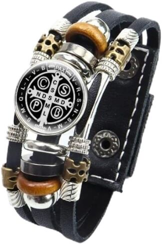 925 سوار San Benito Silver Sterling للرجال - أساور St Benedict المضيئة الجلود الكاثوليكية San Benito Snap Button Butting Multilayer Wristband ، Rosario de San Benito ، Pulseras de San Benito in Saudi Arabia