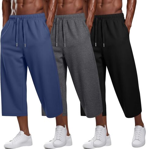 August Alley 3 Pack Men's Straight Leg Capri Sweatpants Drawstring Elastic Waist Joggers Workout Cropped Pants with Pockets in Saudi Arabia