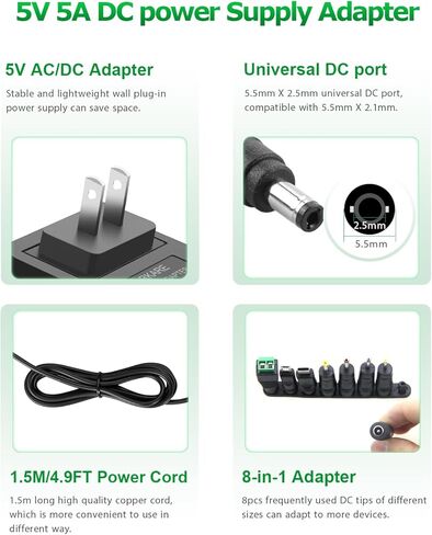 5V Power Supply 5A 25W AC/DC Wall Plug Charger AC 100-240V to DC 5 Volt Replacement Power Cord 5A 4A 3A 2A 1A for Security Camera Baby Monitor Graco Swing TV Box Raspberry Pi with 8TIPS 4.9FT in Kuwait