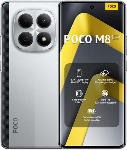 XIAOMI Poco M8 5G Ai (متوافق مع Tmobile Mint Tello & Global) (256 جيجابايت + 8 جيجابايت) كاميرا مزدوجة 50 ميجابكسل NFC 6.77 بوصة 144 هرتز ثماني النواة غير مقفلة ثنائي الشريحة موديل 25118PC98G Liberado (أسود) in Kuwait
