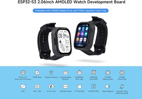 ESP32-S3 2.06inch AMOLED Touch Watch Development Board, with 410×502 Pixels 16.7M Color Display, Integrate 2.4 GHz Wi-Fi and BLE 5, Support Offline Voice Recognition and AI Speech Interaction in Kuwait