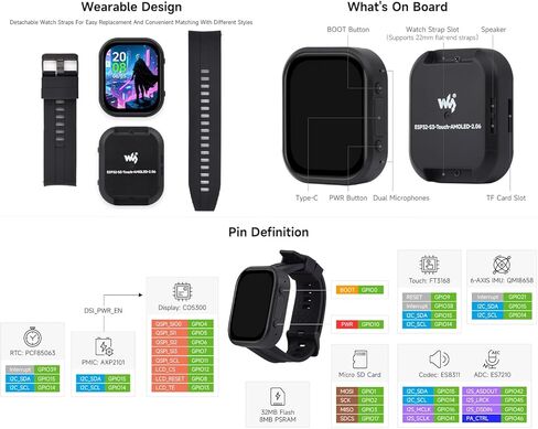 ESP32-S3 2.06inch AMOLED Touch Watch Development Board, with 410×502 Pixels 16.7M Color Display, Integrate 2.4 GHz Wi-Fi and BLE 5, Support Offline Voice Recognition and AI Speech Interaction in Kuwait