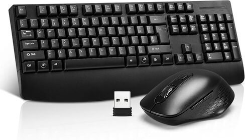 لوحة مفاتيح وماوس كمبيوتر لاسلكي مع مسند راحة اليد، قابس تشغيل USB، لوحة أرقام كبيرة، مؤشرات LED، حوامل مريحة وقابلة للطي، لوحة مفاتيح كاملة الحجم بأحرف مضادة للتآكل، لأجهزة الكمبيوتر المحمول التي تعمل بنظام Windows Mac PC - أسود in Kuwait