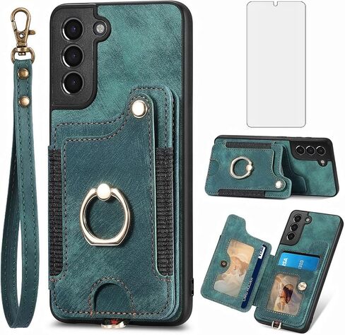 Phone Case for Samsung Galaxy S21 5G 6.2 inch Wallet Cover with Tempered Glass Screen Protector and Wrist Strap Lanyard RFID Credit Card Holder Ring Stand Cell Accessories S 21 21S G5 Women Men Blue in Kuwait