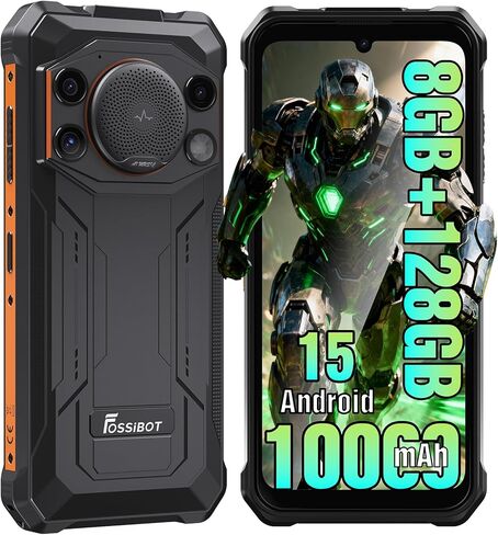 FOSSIBOT F110L 8GB+128GB +2TB هاتف اتصال متين غير مقفل، هاتف ذكي 10000 مللي أمبير في الساعة يعمل بنظام Android 15، هاتف بصوت عالٍ 128 ديسيبل، كاميرا 6.745 بوصة 50 ميجابكسل هاتف مقاوم للماء ثنائي شريحة الاتصال/إضاءة تخييم (2026 برتقالي) in Kuwait