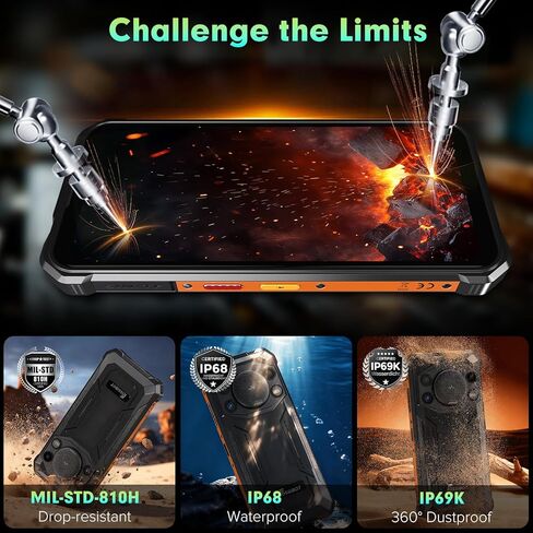 FOSSIBOT F110L 8GB+128GB +2TB هاتف اتصال متين غير مقفل، هاتف ذكي 10000 مللي أمبير في الساعة يعمل بنظام Android 15، هاتف بصوت عالٍ 128 ديسيبل، كاميرا 6.745 بوصة 50 ميجابكسل هاتف مقاوم للماء ثنائي شريحة الاتصال/إضاءة تخييم (2026 برتقالي) in Kuwait