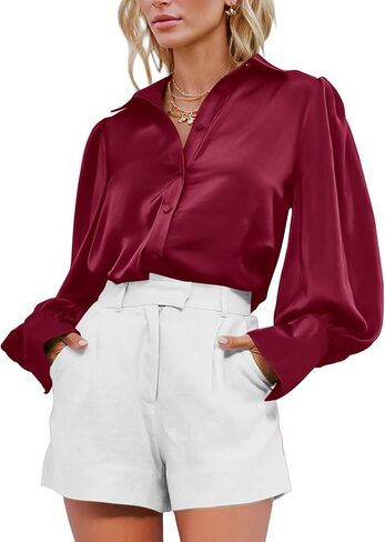 BTFBM Women's Satin Button Down Shirts Summer Fall Lantern Long Sleeve Lapel V Neck Blouse Loose Casual Office Work Tops in Saudi Arabia